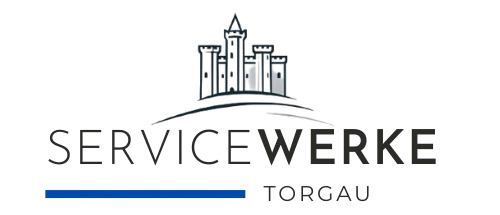 Logo der ServiceWerke Torgau mit stilisierter Stadtsilhouette und modernem Schriftzug.